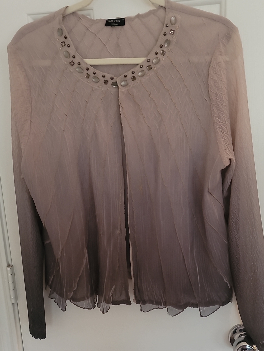 Komarov Sheer Pleated Embellished Cardigan Soft Taupe Sz Large